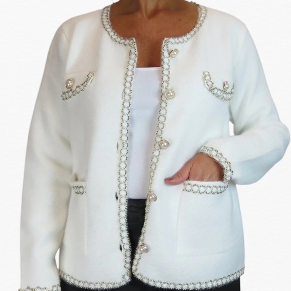 ELEGANT ITALIAN STYLE WHITE & GOLD TWEED KNIT PEARL ACCENTS CARDIGAN JACKET SZ M - Picture 2 of 9